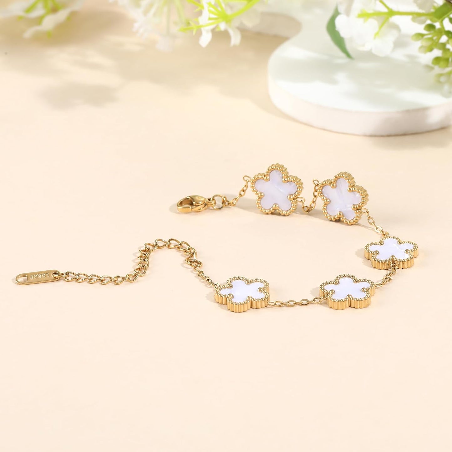TICVSS Four Leaf Clover Bracelet for Women 18K Gold Plated Stainless Steel Lucky 4 Leaf Gold Link Bracelet Jewelry Gift for Women